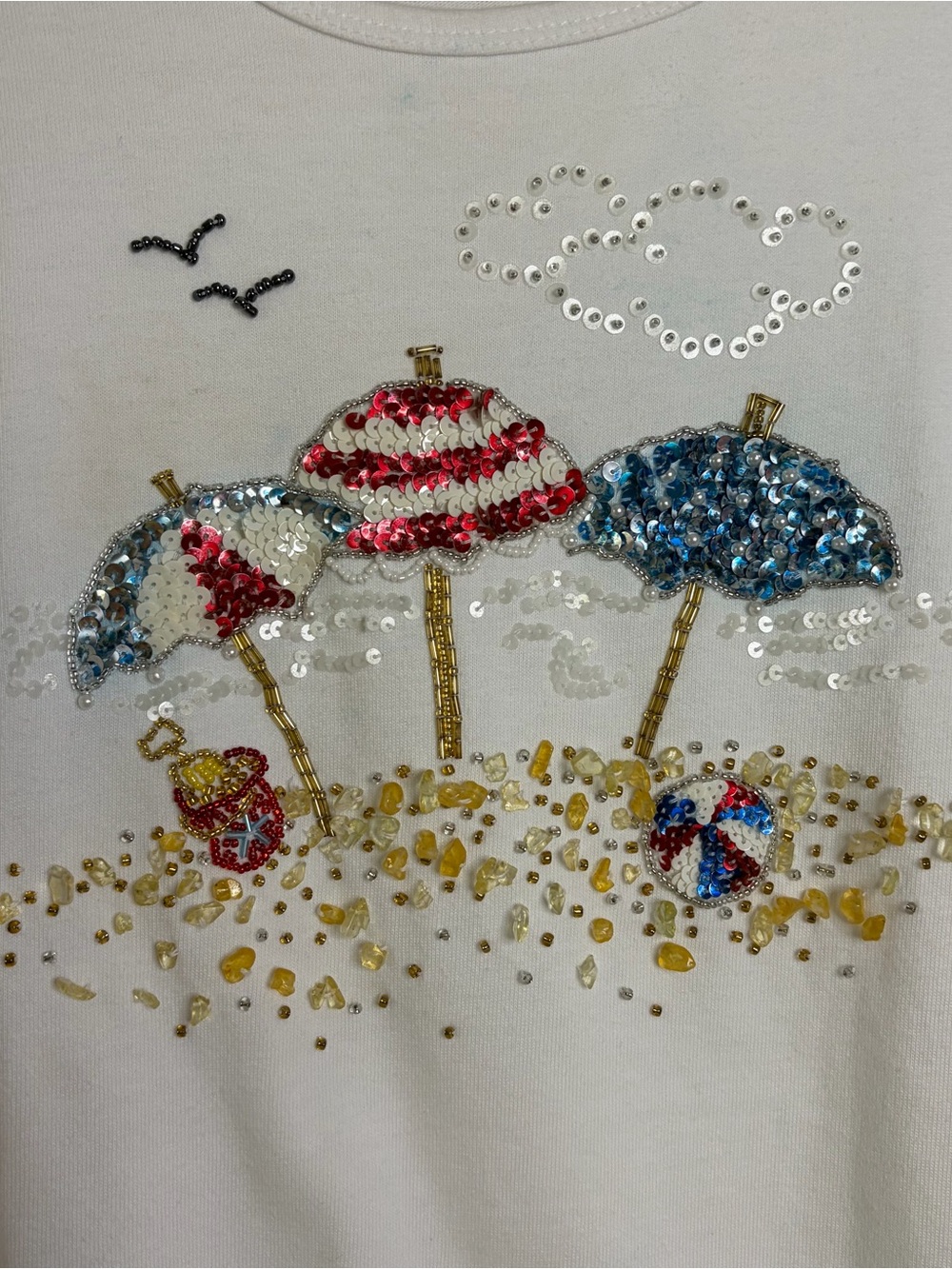 The Quacker Factory White Sequin Beach Umbrella Tee 100% Cotton - Picture 2 of 8